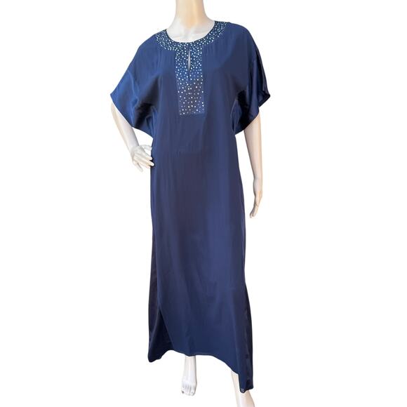 St. John Evening 8 Navy Silk Embellished Jeweled Maxi Dress Batwing Sleeve - Picture 1 of 8